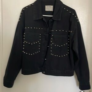 Oversized faded black jean jacket with silver stud detail